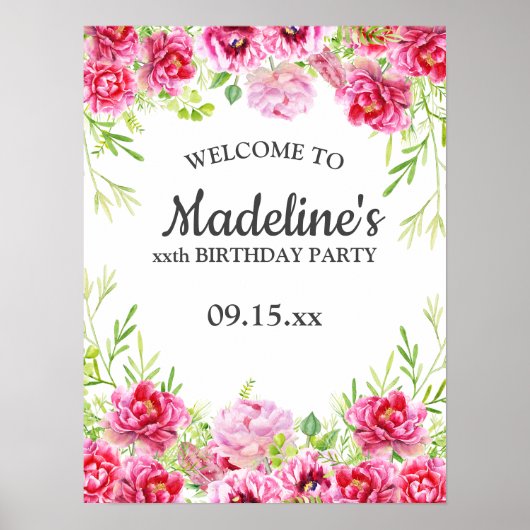 Pink Floral Greenery White Birthday Party Poster (Voorkant)
