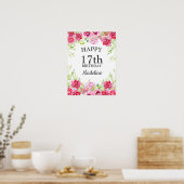 Pink Floral Greenery White Happy Birthday Poster (Keuken)