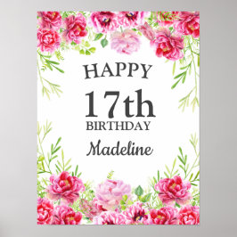 Pink Floral Greenery White Happy Birthday Poster