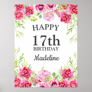 Pink Floral Greenery White Happy Birthday Poster
