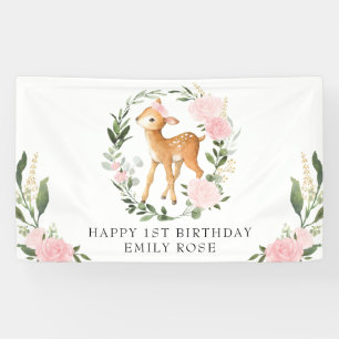 Pink Floral Greenery Woodland Deer 1st Birthday Spandoek