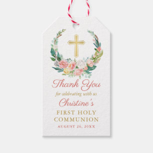 Pink Floral Greenery Wreath First Heilige Communie Cadeaulabel