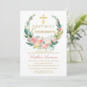 Pink Floral Greenery Wreath First Heilige Communie Kaart (Staand voorkant)