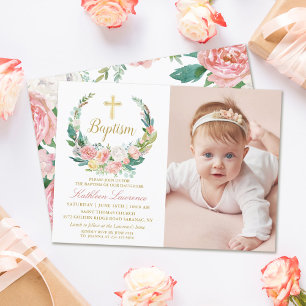 Pink Floral Greenery Wreath Girl Baptism Foto Kaart