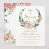 Pink Floral Greenery Wreath Girl Baptisme Kaart (Voorkant / Achterkant)