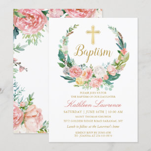 Pink Floral Greenery Wreath Girl Baptisme Kaart