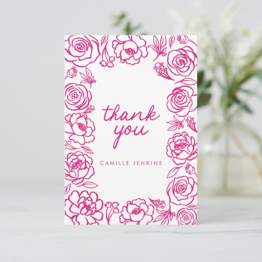 Pink Floral Hand getrokken grillig dank u Bedankkaart (Staand voorkant)