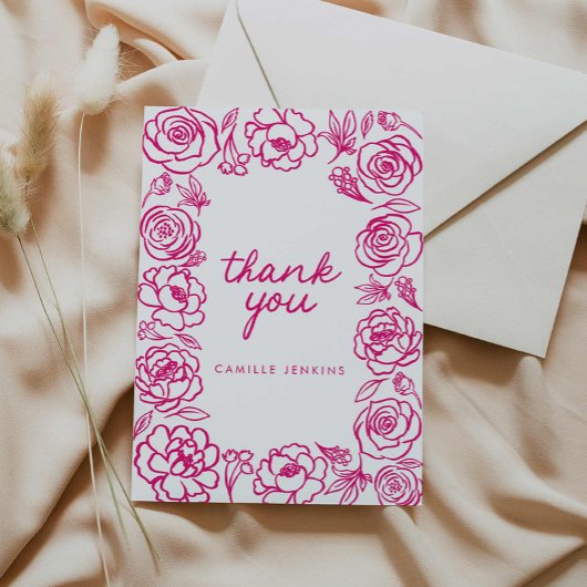 Pink Floral Hand getrokken grillig dank u Bedankkaart