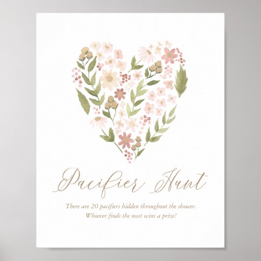 Pink Floral Heart Baby shower Pacifier Hunt Sign Poster (Voorkant)