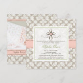 Pink Floral Heart Cross Baptism Foto-uitvindingen Kaart (Voorkant / Achterkant)