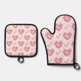 Pink Floral Hearts Ovenwant & Pannenlap Set