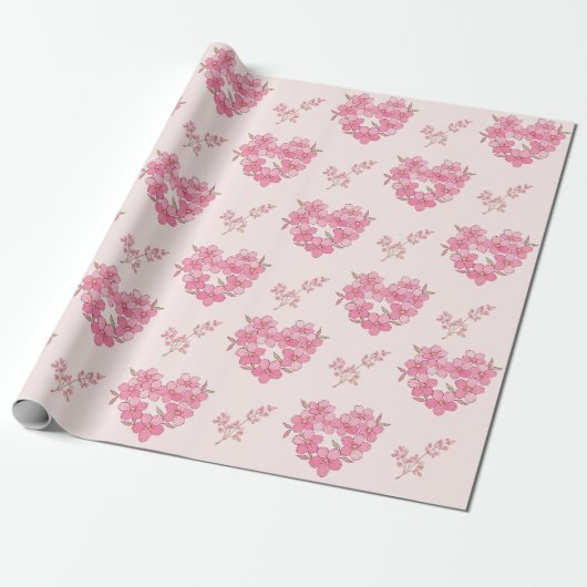 Pink Floral Hearts Pattern Cadeaupapier (Uitgerold)