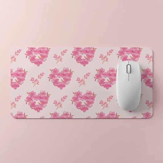 Pink Floral Hearts Pattern Desk Mat