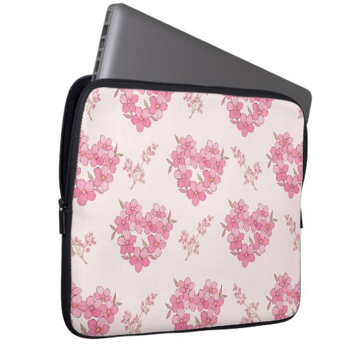 Pink Floral Hearts Pattern Electronics Bag Laptop Sleeve (Voorkant Rechts)