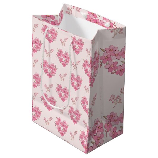 Pink Floral Hearts Pattern Medium Cadeauzakje (Voorkant Gekanteld)