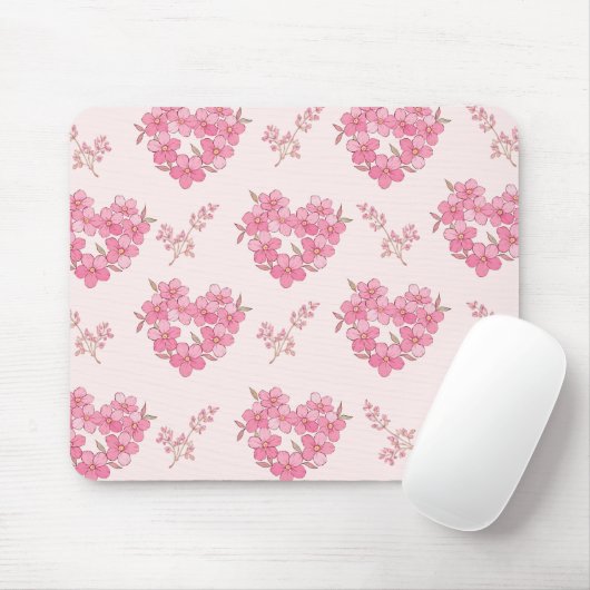 Pink Floral Hearts Pattern Mousepad Muismat (Met muis)