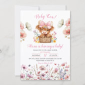 Pink Floral Heifer Bull Baby Shower Invitation Kaart (Voorkant)