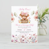Pink Floral Heifer Bull Baby Shower Invitation Kaart (Staand voorkant)