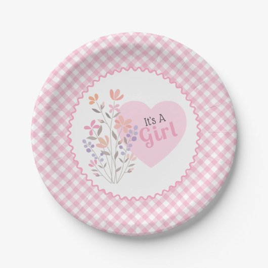 Pink Floral Het is een meisje Baby shower Papieren Bordje (Voorkant)