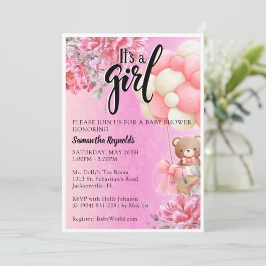 Pink Floral Het is een Meisje Baby shower Uitnodig Kaart (Staand voorkant)