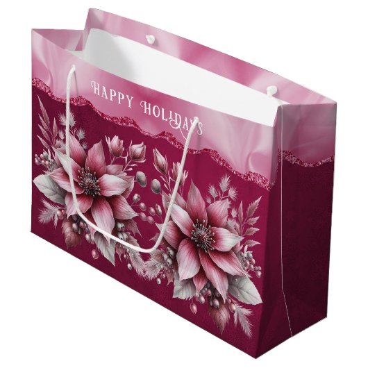 Pink Floral Holiday Gift Bag Groot Cadeauzakje (Voorkant Gekanteld)