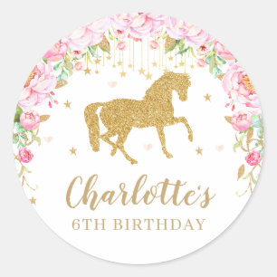 Pink Floral Horse Birthday Party Hartelijk dank Ronde Sticker