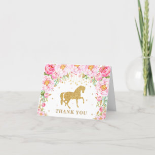 Pink Floral Horse Gold Glitter Birthday Girl Baby Bedankkaart
