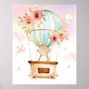 Pink Floral Hot Air Ballon Cute Beer Adventure Poster