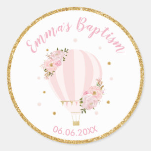 Pink Floral Hot Air Baptisme Favor Ronde Sticker
