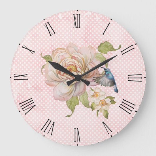 Pink Floral & Hummingbird Wall Clock Grote Klok (Voorkant)