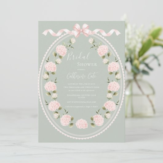 Pink Floral Hydrangea Sage Green Elegant Bridal  Kaart (Staand voorkant)