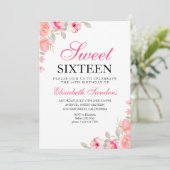 Pink Floral Illustration Sweet Sixteen Kaart (Staand voorkant)