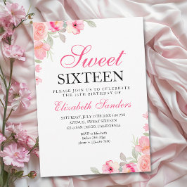 Pink Floral Illustration Sweet Sixteen Kaart