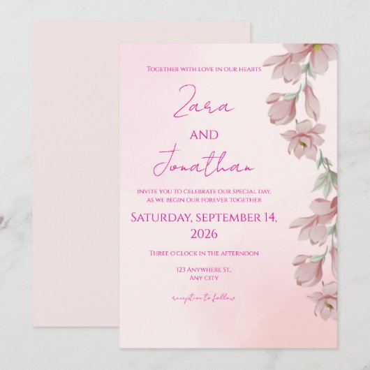 Pink floral invitation kaart (Voorkant / Achterkant)
