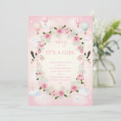 Pink Floral "It's a Girl" Baby Shower Invite  Kaart (Staand voorkant)