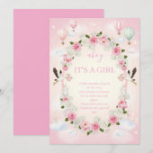 Pink Floral "It's a Girl" Baby Shower Invite  Kaart (Voorkant / Achterkant)