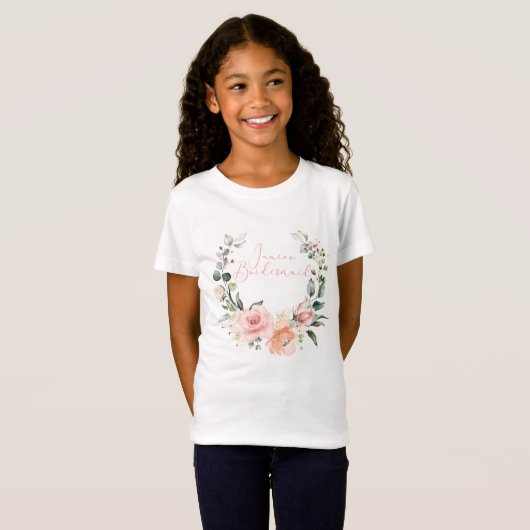 Pink Floral Jr Bruidsmeisje Script Waterverf krans T-shirt (Voorkant volledig)