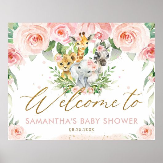 Pink Floral Jungle Animals Baby Shower Welcome  Poster (Voorkant)