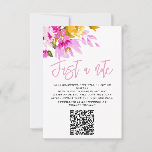 Pink Floral Just a Note Baby Shower Card Kaart (Voorkant)