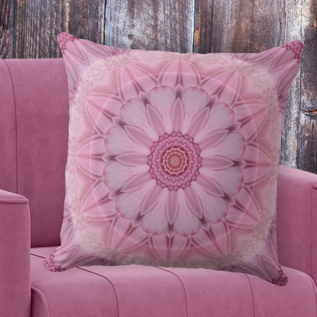 Pink Floral Kaleidoscope Romantic Pillow Kussen (A lovely romantic pillow featuring a pink retro floral mandala or kaleidoscope pattern)