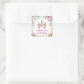 Pink Floral Kerstmis Unicorn Party Favor Vierkante Sticker (Tas)
