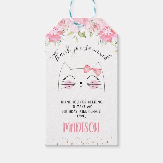 Pink Floral Kitten Face Birthday Dank je Cadeaulabel (Voorkant)