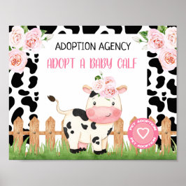 Pink Floral Koe Calf Pet Adoption Birthday Sign Poster