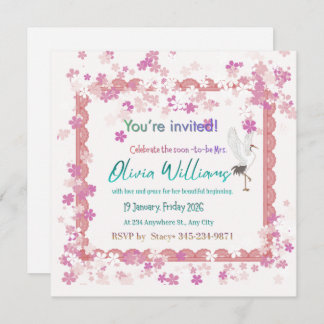 Pink Floral Lace Stork Bridal Shower Invitation |  Kaart