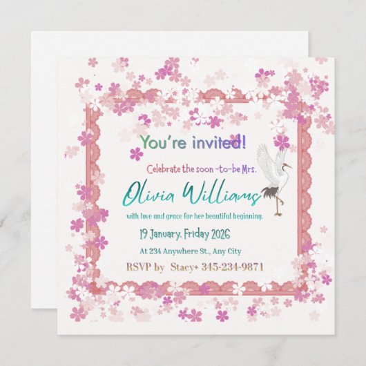 Pink Floral Lace Stork Bridal Shower Invitation | Kaart (Voorkant / Achterkant)