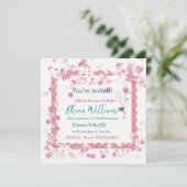 Pink Floral Lace Stork Bridal Shower Invitation | Kaart (Staand voorkant)