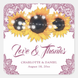 Pink Floral Lace Sunflower Wedding Thank You Vierkante Sticker