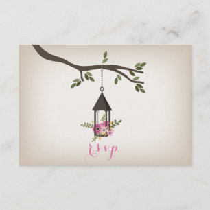 Pink Floral Lantern Tree Wedding R.S.V.P. RSVP Kaartje