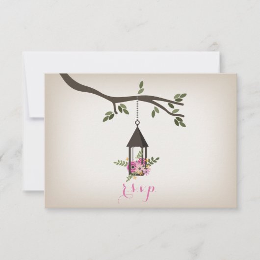 Pink Floral Lantern Tree Wedding R.S.V.P. RSVP Kaartje (Voorkant)