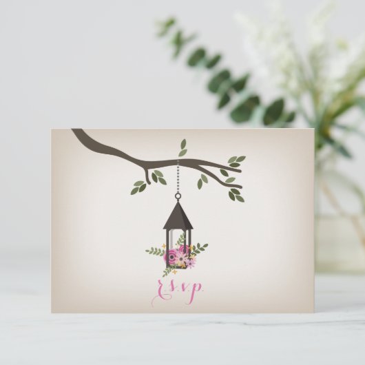 Pink Floral Lantern Tree Wedding R.S.V.P. RSVP Kaartje (Staand voorkant)